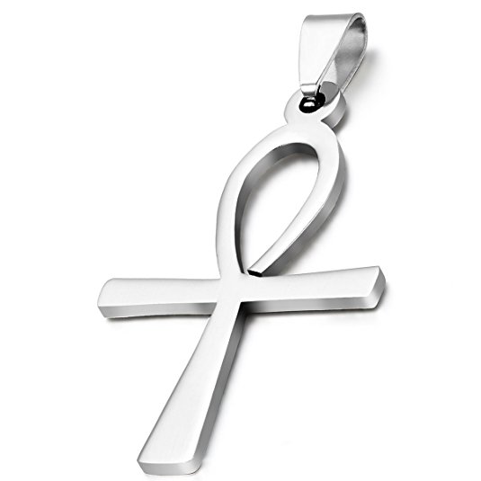 Flongo Men's Womens Tribal Stainless Steel Silver Egyptian Ankh Cross Pendant Collectible Egypt Necklace, 22 inch Chain