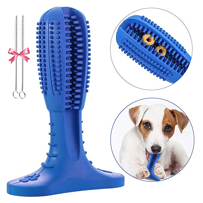 Dog Toothbrush Stick Dog Chew Tooth Cleaner Pet Oral Care Puppy Dental Care Brushing Stick Natural Rubber Bite Resistant Chew Toys for Dogs With 2 Cleaning Brush (M, Blue)