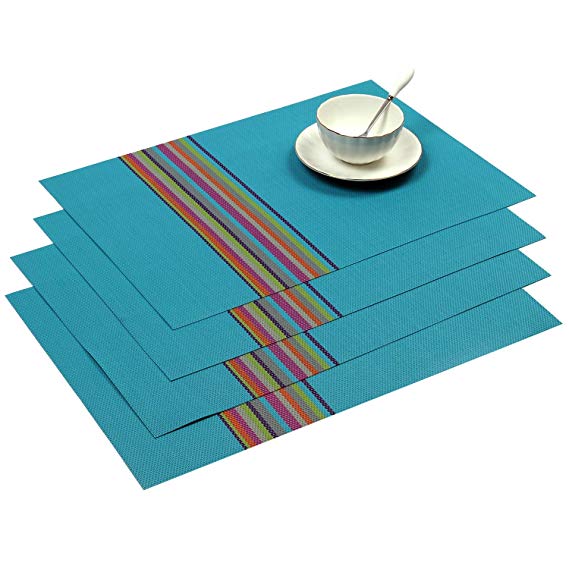 SHACOS Blue Placemats Set of 4 Woven Vinyl Placemats for Dining Table Heat Resistant Table Mats (4, R Blue)
