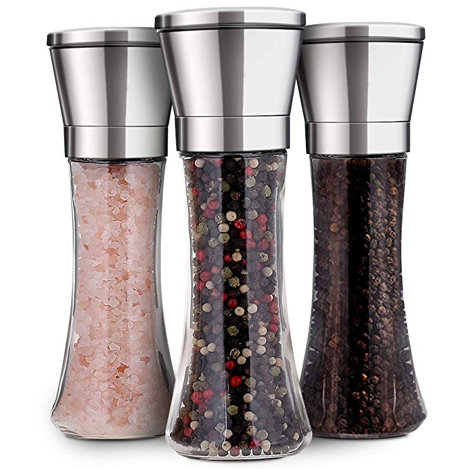 Salt and Pepper Grinder Set of 3 Adjustable Ceramic Sea Salt Grinder & Pepper Grinder - Tall Salt and Pepper Shakers with Adjustable Coarseness by Ceramic Rotor