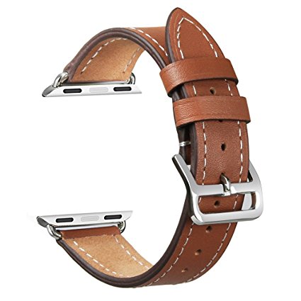 V-Moro Apple Watch Band 38mm Genuine Leather Smart Watch band Replacement With Adapter Metal Clasp for Apple Watch iWatch All Models (Single Tour 38mm Brown)
