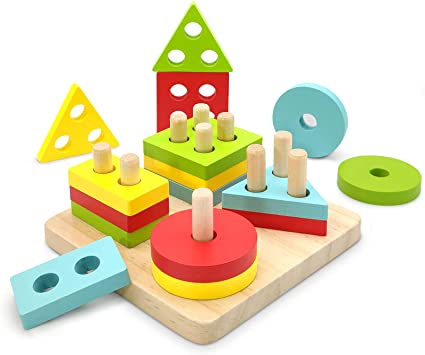 TOLOLO Montessori Toys for 1 2 3 Year Old Boys Girls, Educational Learning Toys for 2 Year Old Girls Boys Birthday Gift, Color Recognition Shape Sorter, Wooden Puzzle Stacking Toys for Toddler 1-3