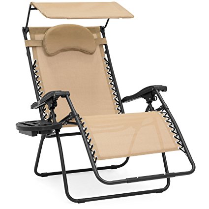 Best Choice Products Oversized Zero Gravity Reclining Lounge Patio Chairs w/Folding Canopy Shade and Cup Holder (Tan)