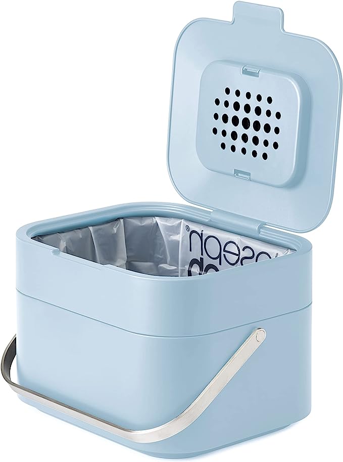 Joseph Joseph Intelligent Waste, Stack 4 Kitchen Food Waste Compost Caddy Recycling Bin with Odour Filter, 4 Litre / 1 Gallon - Light Blue