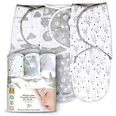 Organic Cotton Adjustable Infant Swaddles for Safe and Sound Sleep, Self Fastening, Ages 0-3 Months