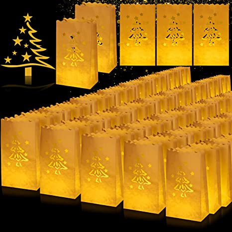 100 Pieces White Luminary Bags Christmas Luminaries Flame Resistant Candle Bags Reusable Paper Lantern Bags for Christmas Wedding Thanksgiving New Year Valentine's Day Diwali Party Decor (Tree)