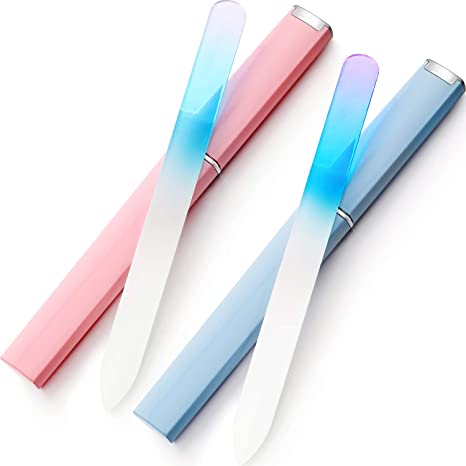 2 Pieces Glass Nail Files with Case Crystal Glass Fingernail Files Double Sided Glass Nail File Gradient Buffer Nail Manicure Set for Gentle Nail Care (Pink, Blue)