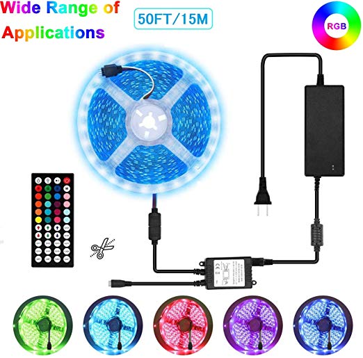 50ft/15M LED Strip Lights Kit,5050 SMD RGB Flexible Non-Waterproof LED Tape Lights with DC24V Power Supply 44Key IR Remote Controller for Indoors,Outdoors.Under Cabinet Lighting Bedroom,Living Room