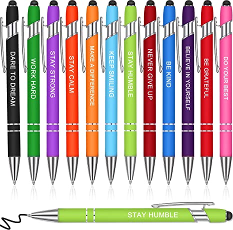 12 Pieces Quotes Pen Inspirational Ballpoint Pen with Stylus Tip Motivational Messages Pen Metal Inspirational Pen Set Metal Black Ink Pens Encouraging Stylus Pen(Bright Colors,Bible Style)