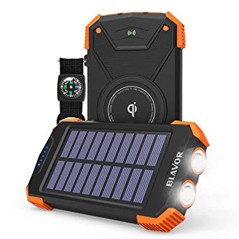 Solar Power Bank, Qi Wireless Charger 10,000mAh External Battery Pack Type C Input Port Dual Flashlight, Compass (IPX4 Splashproof, Dustproof, Shockproof, Solar Panel Charging, DC5V/2.1A Input)