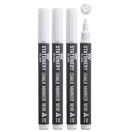 Stationery Island Chalk Pens W30 3mm Fine Bullet Nib – Wet Wipe Erase White Chalk Markers Pack of 4