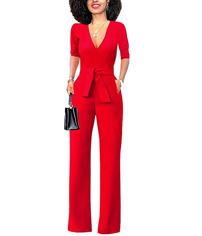 Chic-Lover Women's Elegant Solid Jumpsuit Wrap Top High Waisted Wide Leg Pants Jumpsuits Romper with Belt