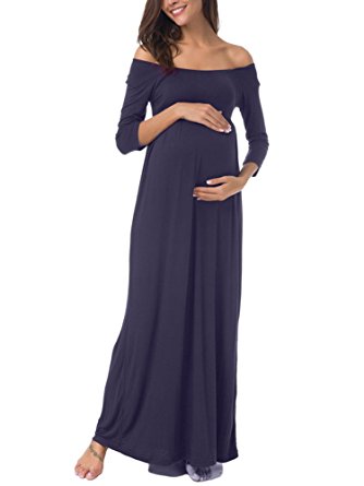 Pinkydot Pregnant Women's 3/4 Sleeve Off the Shoulder Empire Line Maternity Stretch Maxi Dress for Party and Baby Shower