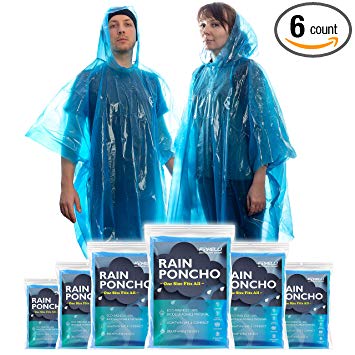 Foxelli Disposable Rain Ponchos (Family 6 Pack) – Emergency Rain Ponchos with Hood for Adults, Women & Men, Heavy Duty, Lightweight, Waterproof for Travel & Camping