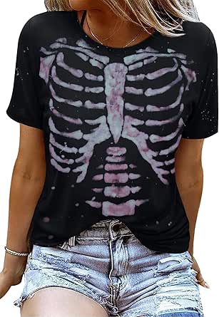 Skeleton Shirts Women Halloween Vintage Skeleton Graphic T Shirts Tops Casual Horror Shirts…