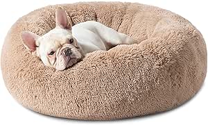 Bedsure Calming Dog Bed for Medium Large Dogs - Donut Washable Large Pet Bed, 33 inches Anti-Slip Round Fluffy Plush Faux Fur Dog Bed, Camel