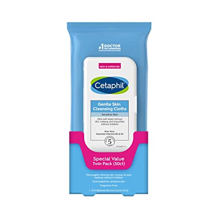 Cetaphil Face and Body Wipes, Gentle Skin Cleansing Cloths, 50 Count, Twin Pack, for Dry, Sensitive Skin, Flip Top Closure, Great for the Gym, Travel, in the Car, Hypoallergenic, Fragrance Free