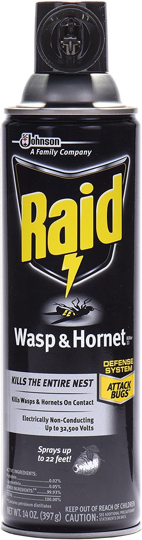 Raid Wasp and Hornet Killer Spray, Kills the entire nest, Kills Paper Wasps, Yellow Jackets, Mud Daubers and more, 14 Oz