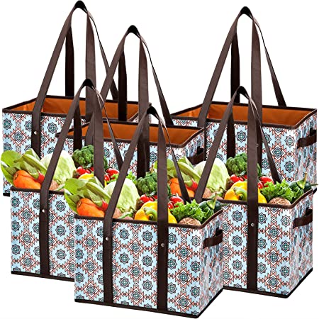 Foraineam 6 Pack Reusable Grocery Shopping Box Bags, Durable Heavy Duty Grocery Totes Bag with Reinforced Bottom, Collapsible Storage Bins with Straps And Handles