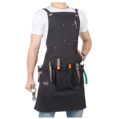 Work Shop Apron with Pockets in Black - Tartek Waterproof Heavy Duty Waxed Canvas Apron - 12X Pockets for Tools & 2X Long Cross-back Straps - Adjustable up to Medium XXL - Fits for Men & Women