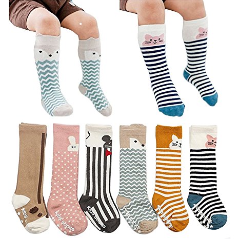 6 Pairs Toddler Socks, Non Skid Knee High Cotton Socks for Baby Boys & Girls