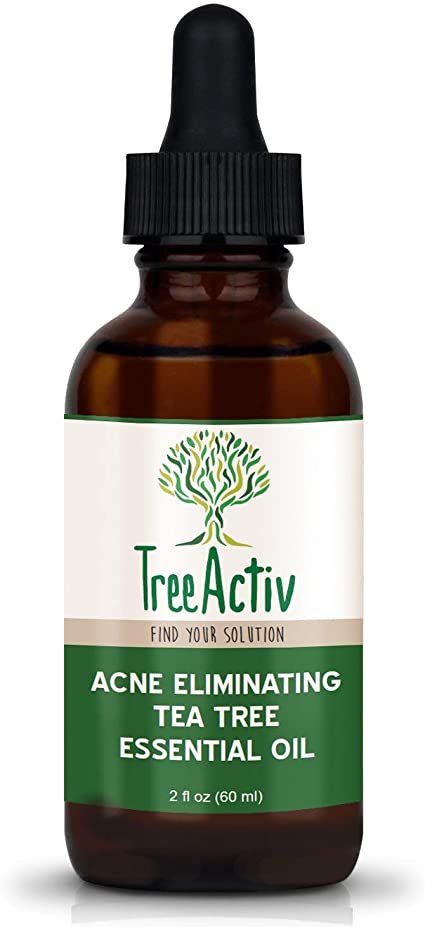 TreeActiv Acne Eliminating Tea Tree Essential Oil | All Natural Blemish Spot Treatment | Men Women and Teens | Treats Mild Moderate Severe Cystic Face Body Back Chest Shoulder Butt Acne (2 oz)