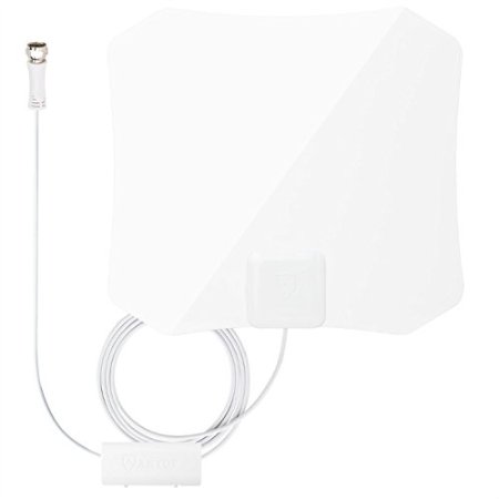 Antop AT-132B Indoor TV Antenna - With Inline Smart Pass Amplifier- 30/45 Mile Smart Range - Super Slim 0.02" - Piano White - Table Stand - 10ft Cable - 4K UHD Ready