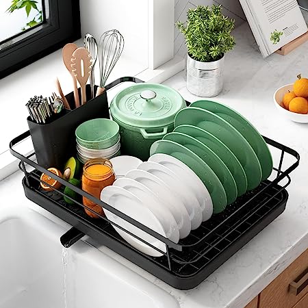 Kitsure Dish Drainer- Space-Saving Dish Drying Rack, Dish Racks for Kitchen Counter, Durable Stainless Steel Kitchen Drying Rack with a Cutlery Holder, Drying Rack for Dishes, Knives, and Forks