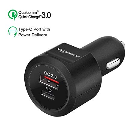 Rocketek USB-C PD Car Charger with Quick Charge 3.0 & 5V/2.4A USB C Power Delivery Smart IC Charging Adapter for Google Pixel 2/XL/2XL, iPhone X 8 8 plus, iPad, Macbook, Samsung S9 S8 S8 and More