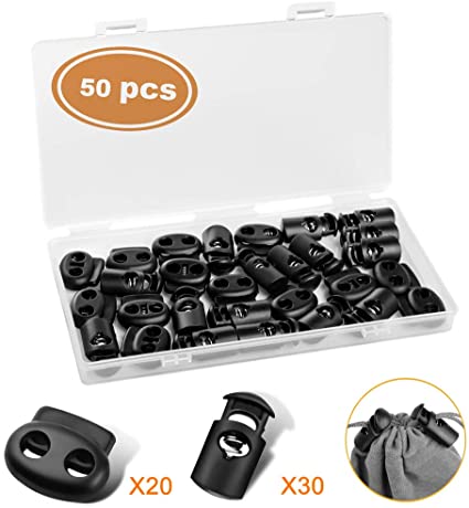 50 Pcs Cord Locks, Single Hole/Double Hole Cord Lock Stopper, Cord Locks for Drawstrings, W/Portable Plastic Box, Suit for Drawstrings, Bags, Shoelaces, Clothing（20 Double-Hole, 30 Single-Hole)