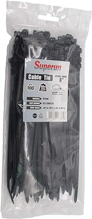 Superun Nylon Zip Ties 8 Inch with Self Locking Pack of 100 (Black)