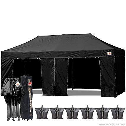 （18  colors）Abccanopy Deluxe 10x20 Pop up Canopy Outdoor Party Tent Commercial Gazebo with Enclosure Walls and Wheeled Carry Bag Bonus 6x Weight Bag and 2x Half Walls 1x Screen Wall (Black)