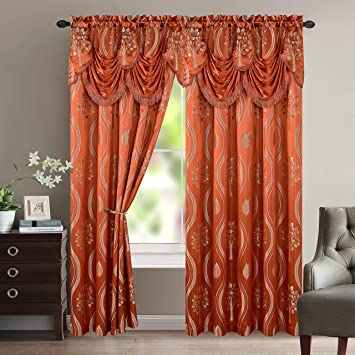 Elegant Comfort Aurora Jacquard Look Curtain Panel Set with Attached Valance 54" X 84 inch (Set of 2), Rusty Red