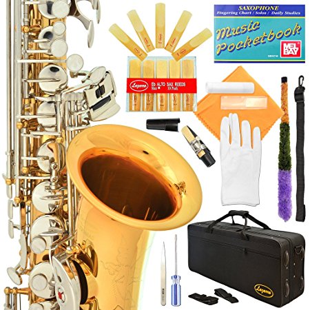 Lazarro Professional Gold Body-Silver Keys E-flat Eb Alto Saxophone Sax with 11 Reeds, Case, Music Book, Mouthpiece and Many Extras, 360-LN-L