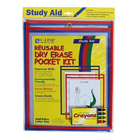 C-Line Reusable Dry Erase Pocket Kit with Crayons, Assorted Primary Colors, 9 x 12 Inches, 2 Pockets per Pack (40600)
