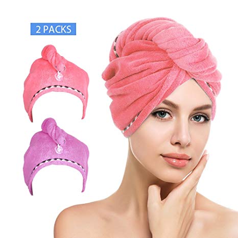 Htovila 2pcs Soft Microfiber Quick Dry Hair Drying Towels Water-Absorbent Dry Hair Cap Bath Shower Wrap Turban Towel with Button for All Hair Types and Lengths