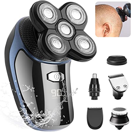 Electric Razor for Bald Men, OriHea 6-in-1 Electric Shaver & Grooming Kit, Cordless and Rechargeable Wet/Dry 5 Head 5D Rotary Shaver with Clippers Nose Hair Trimmer Facial Cleansing Brush