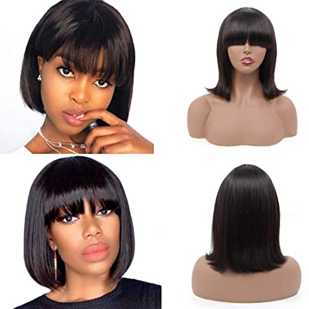 ISEE Short Bob Wigs Human Hair Wigs with Bangs Straight Hair 12 Inch None Lace Front Wigs For Woman Glueless Machine Made Wigs Natural Color