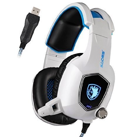 Sades AW50 USB Stereo Gaming Headset USB Over Ear Headphones with Mic, Bass Vibration, Noise-Reduction, Volume Control for PC Computer Laptop (White)