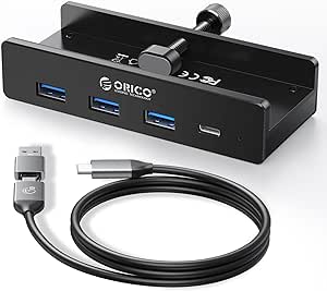 ORICO USB Hub 3.0, Clamp USB Hub with Extra Power Supply Port, Aluminum 4-Port USB Adapter with 3 USB-A Data Ports, USB-C Port for Monitors, Desks