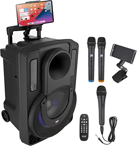 15’' Portable PA Speaker System - Wireless BT Streaming PA & Karaoke Party Audio Speaker, Two Wireless Mic, Wired Microphone, Tablet Stand, Flashing Party Lights, MP3/USB/ /FM Radio - PHPWA15TB