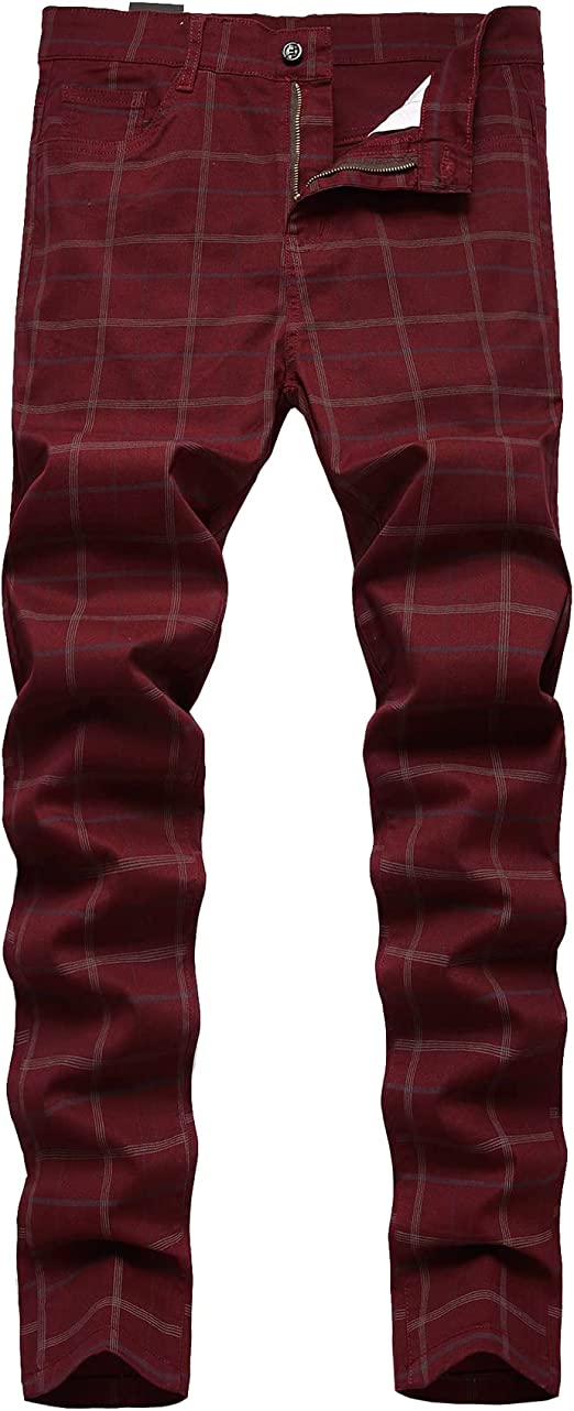 Keevoom Plaid Pants for Men, Mens Stretch Skinny Flat-Front Casual Slim Fit Business Dress Chinos Pants