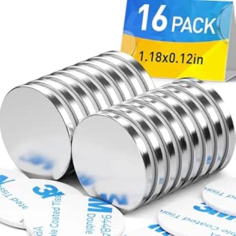 16Pack Neodymium Disc Magnets, Heavy Duty Neodymium Magnets with Double-Sided Adhesive, Permanent Rare Earth Magnets for DIY, Building, Fridge, Craft, Office - 1.18”D x 0.12”H