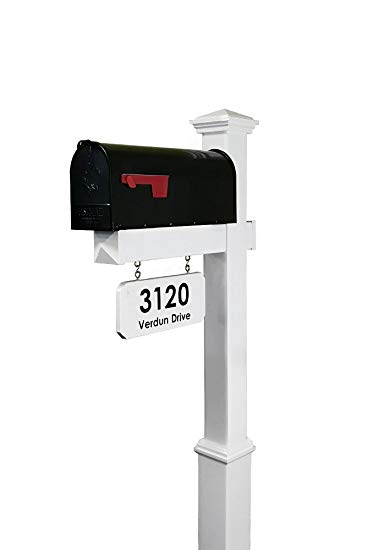 4EVER The Saybrook Vinyl Mailbox Post System - Includes Black Steel Mailbox and Custom Street Address