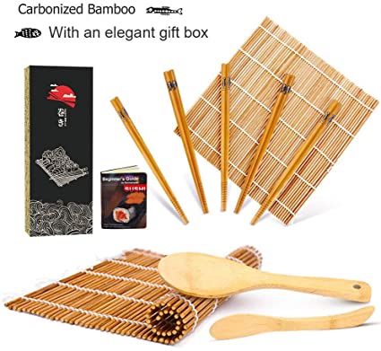 Bamboo Sushi Rolling Mat with Gift Box, Carbonized Sushi Making Kit 11 Pcs, Beginner Sushi Mat, Includes 2 Rolling Mats - 5 Pairs Chopsticks - Paddle - Spreader - Beginner's Guide Book, Roll on!