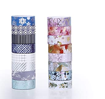 ilauke 16 Rolls Washi Tape Set, 15mm Decorative Washi Tape for DIY Crafts, Making Scrapbooking, Gift Wrapping, Journal Accessories, Office Party Supplies 5m/5.5YD （Stamping Gold and Stamping Silver）