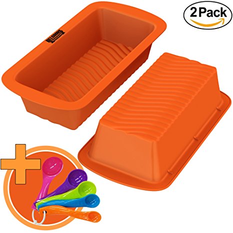 Loaf Pans - Set of 2 - 100% Pure Food Grade Nonstick Professional Silicone Bread and Cake Trays + Tablespoon Measuring Spoons Set