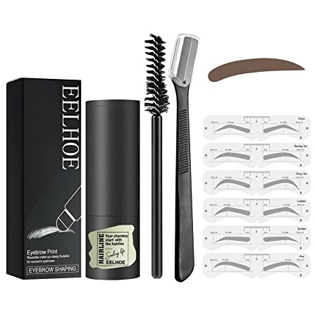 Eyebrow Stamp Kit, One Step Eyebrow Stencil Kit Perfect Eyebrow Definer with Eyebrow Brush and Trimmer Easy to Use Reusable Waterproof (Dark Brown)