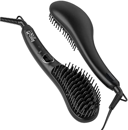 Ionic Hair Straightener Brush, 2 in 1 Ceramic Straightening Brush, Hot Comb with Anti-Scald Bristles, 60 Min Auto Shut-off & Double-Hit Auto Temperture Lock, Gift Set Plus 2 x Salon Clips