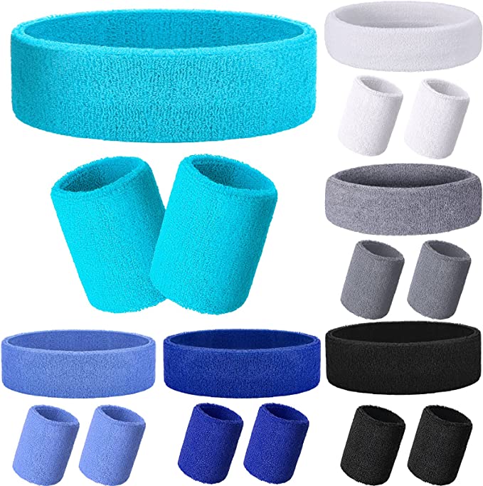 18 Pieces Sweatband Set for Men Include 12 Colorful Headband Wristband Sweatband Elastic Athletic Sweatband and 6 Sport Headband Sweat Wicking for Men Women Boys Girls, Running, Gym